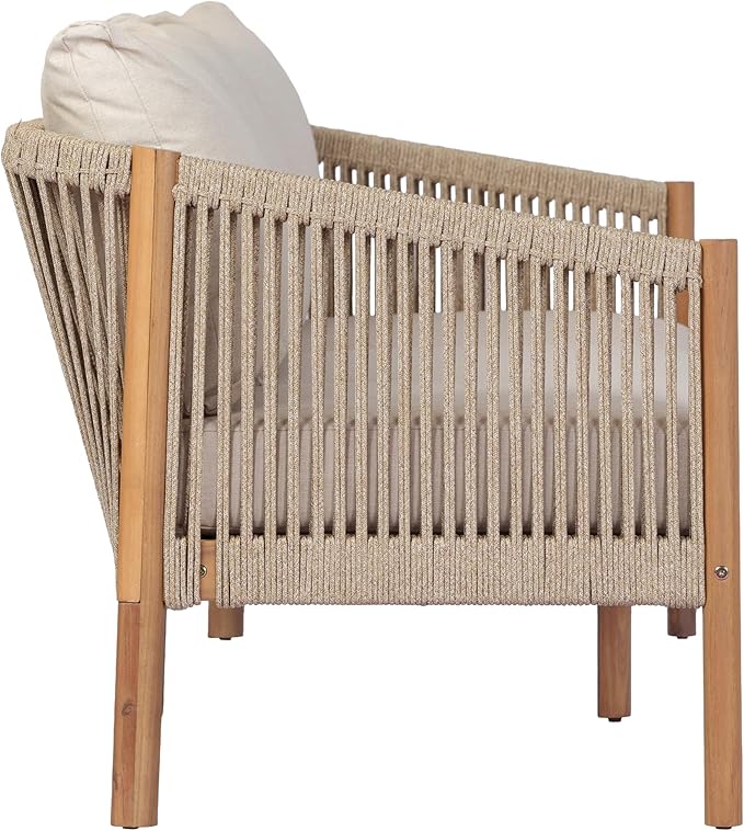 Christopher Knight Home Bubi Acacia Wood Outdoor 3 Seater Sofa with Cusion, Solid Wood Patio Sofa with Woven Rope Accents, Comfy Lounge Sofa for Patio Furniture Set, Teak+Beige