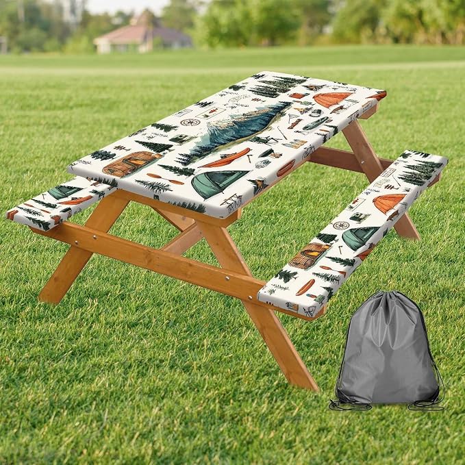 Picnic Table Cover with Bench Covers, Mountain Tent & Campfire Tablecloth, Elastic Edges, Waterproof Windproof Fitted, for Outdoor Camping Patio Garden, with Drawstring Bag, 60 Inch 3PCS