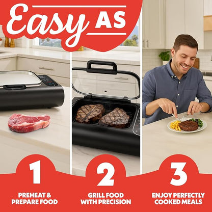 Gourmia Smokeless Indoor Grill - Air Fryer Combo with Smoke Extractor, 5 Cooking Presets, Grill, Air Fry, Roast, Bake, Dehydrate, Countertop Cooker, Glass Lid
