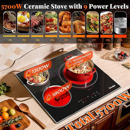 24 Inch Electric Cooktop, 3 Burner Built-in Ceramic Stove Top 220V-240V, 5700W Radiant Electric Cook Top with Touch Control, Timer, Safety Lock, 220V Hard Wired (No Plug)