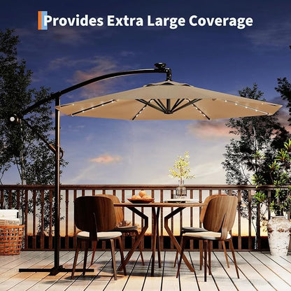 Garvee 10FT Solar Lights Offset Patio Umbrella with Cross Base, Tan | Cantilever Umbrella with Easy Lift & Tilt Adjustment, 8 Ribs Sun umbrella UV Protection for Backyard, Pool, Garden