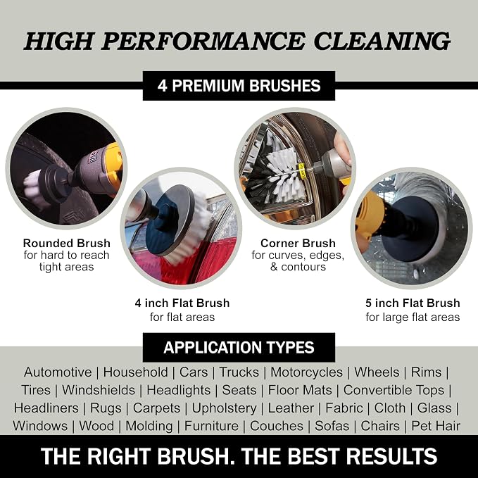 White Soft Interior Car Detailing Drill Brush Set - Nylon Auto Scrubber | Soft Bristle Power Scrubber Attachments for Cleaning Car, Truck, Upholstery, Carpet, Leather, Seats, Wheels, Rims & Trim