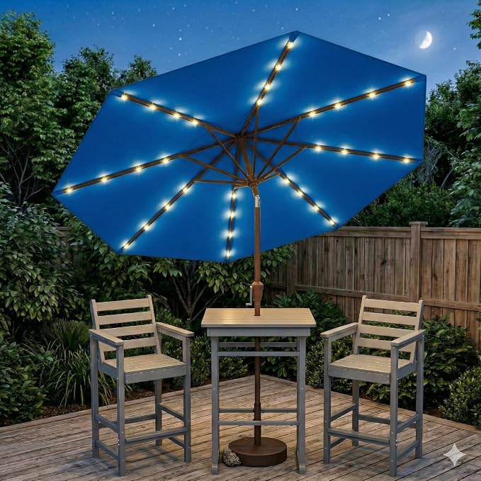 10FT Solar Lighted Patio Umbrella, Outdoor Table Market Umbrellas with Push Button Tilt and Crank, 32 LED Lights, 8 Sturdy Ribs, UV-Resistant for Deck, Garden, Pool