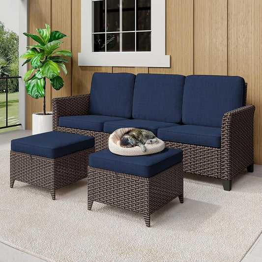 3 Pieces Patio Furniture Set, Outdoor PE Wicker High Back Couch & 2 Rattan Ottomans, All Weather Patio Set with Waterproof Cushion for Porch, Backyard and Deck