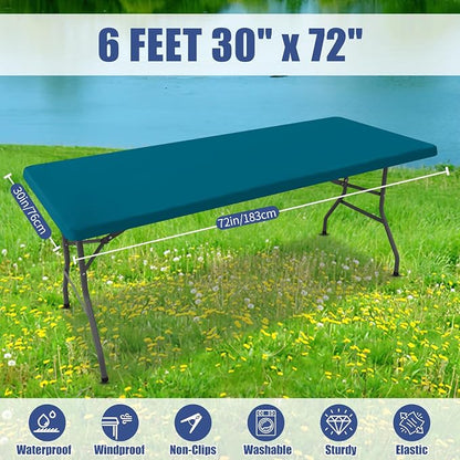 Moosfor Spandex 6 Foot Rectangle Table Cloth, Elastic Fitted Tablecloths for Picnic, Stretch Washable Patio Table Cover for Outdoor, Camping, Banquet and Parties (Peacock Blue, 30"x72")