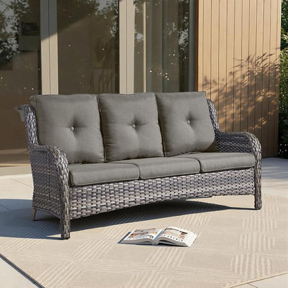 Outdoor Couch All Weather PE Wicker Patio Sofa Outdoor Sofa Deep Seating for Porch Deck Backyard-Grey/Grey
