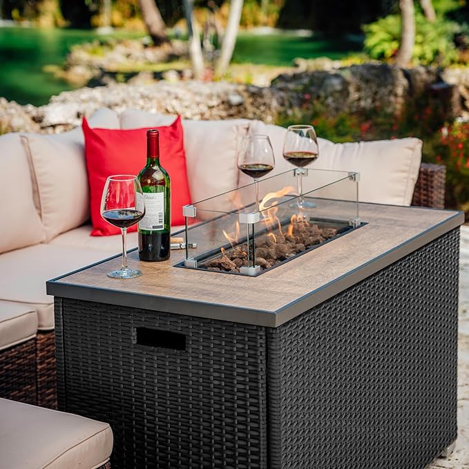 Nestl 43 Inch Fire Pit for Outdoor - 50,000 BTU Outdoor Propane Fire Pit Table with Lid, Rain Cover & Lava Rocks - Patio Fire Pit Table with Tempered Glass for Backyard Gatherings - Grey