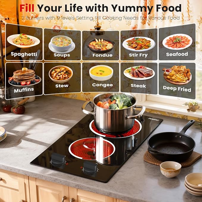 2 Burner Electric Cooktop 110V 2000W Countertop or Built-in | 12 Inch Plug in Two Burner Electric Stove, Hot Plate Ceramic Stovetop, Knob Control, 9 Power Levels and Overheat Protection