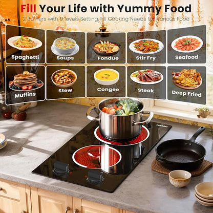 2 Burner Electric Cooktop 110V 2000W Countertop or Built-in | 12 Inch Plug in Two Burner Electric Stove, Hot Plate Ceramic Stovetop, Knob Control, 9 Power Levels and Overheat Protection