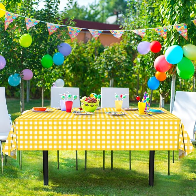 3 Pcs Yellow Gingham Tablecloths, Checkered Party Table Covers 54x108 Inch | Yellow and White Checkered Tablecloths, Disposable Waterproof for Summer Picnic Camping Barbecue Birthday Party