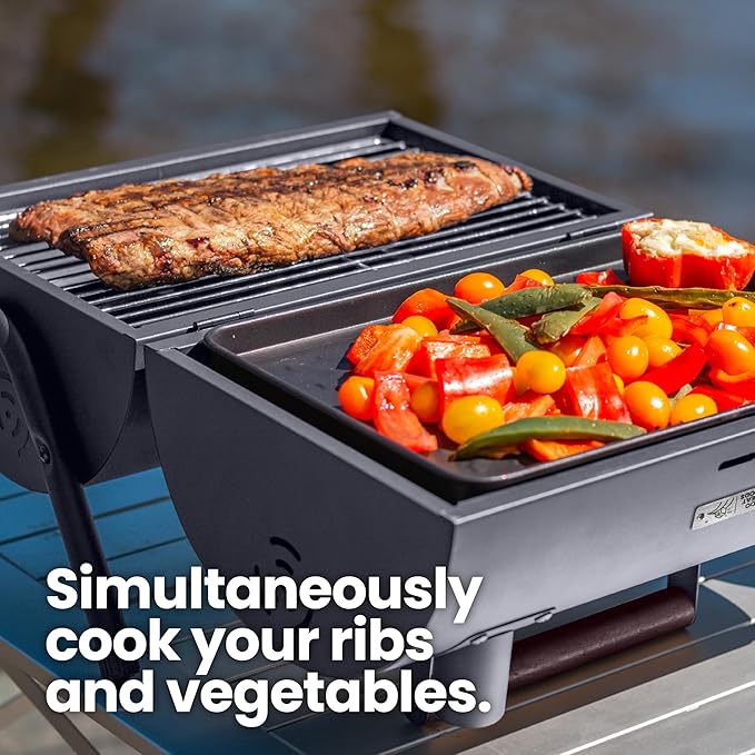 AGG Portable Charcoal Grill - 2-in-1 Tabletop BBQ & Griddle Combo - Compact Mini Barrel Grill for Camping, Balcony & Tailgating - Includes Apron, Heat-Resistant Gloves & Tongs -Small Outdoor Grill