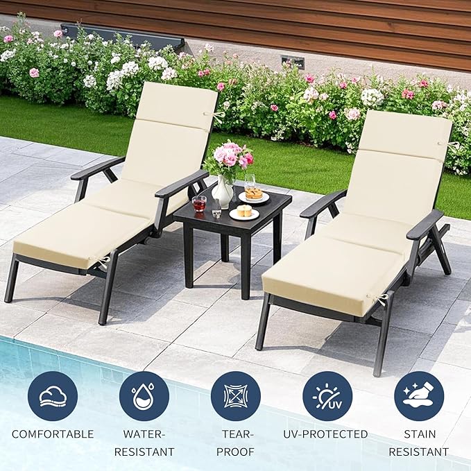 2 Pcs Outdoor Chaise Lounge Cushion 72" x 21" x 3", 4-Section Folding Patio Lounge Chair Cushion with Ties, Waterproof & Fade Resistant Replacement Cushion for Pool, Patio, Deck (Beige, 2 Pcs)