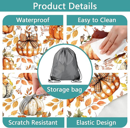 Waterproof Picnic Table Cover with Bench Covers, 3 Piece Set Fall Pumpkin Thanksgiving Tablecloth for 6ft Picnic Tables, Windproof Reusable Elastic Outdoor Patio Dining Cover for Camping, 30x96 Inch