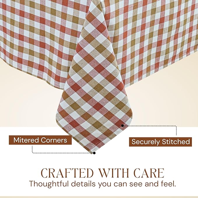 Gingham Check Tablecloth, 60x102 Inches, Reusable Farmhouse Dining Table Cover, 100% Cotton, Washable Table Linen for Thanksgiving, Fall Gatherings, Rust Tan and Natural Plaid