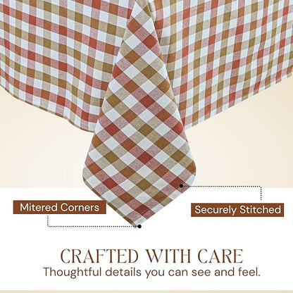 Gingham Check Tablecloth, 52x70 Inches, Reusable Farmhouse Dining Table Cover, 100% Cotton, Washable Table Linen for Thanksgiving, Fall Gatherings, Rust Tan and Natural Plaid