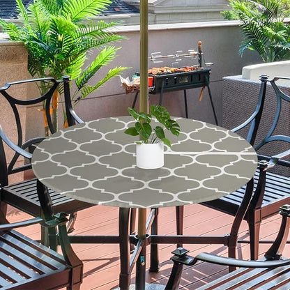 Fitted Round Tablecloth with Umbrella Hole and Zipper Grey Moroccan Outdoor Elastic Table Cloth 45"-56" Oil-Proof Waterproof Patio Table Cover for Dining Picnic Party