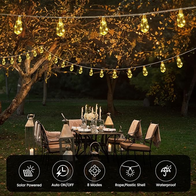 Solar String Lights, Solar Outdoor String Lights, 24FT Solar Powered Patio Lights with 20 Shatterproof Bulbs, Waterproof Vintage Rope Hemp & 8 Modes for Garden Fence Balcony Camping (Warm White)