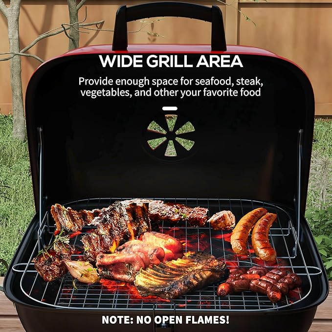Portable Charcoal Grill with Bottom Shelf, BBQ Smoker with Wheels and Adjustable Vents on Lid for Picnic Camping Backyard Cooking, Black