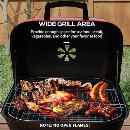 Portable Charcoal Grill with Bottom Shelf, BBQ Smoker with Wheels and Adjustable Vents on Lid for Picnic Camping Backyard Cooking, Black