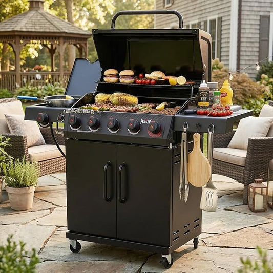 Feasto 5 Burner Propane Gas Grill with Side Burner & Sear Burner, Porcelain-Enameled Main Body and Lid, Propane BBQ Grill with Warming Rack & Storage Cabinet for Outdoor, Patio, Backyard