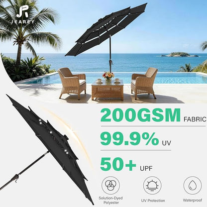 JEAREY 9 ft 3-Tier Outdoor LED Lighted Patio Umbrella w/Crank, Black | Solar Market Table Umbrella with 8 Sturdy Ribs, UV Protection Waterproof Sunproof for Garden, Deck and Backyard