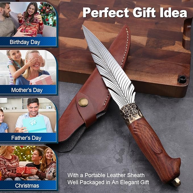 ROCOCO Feather Viking Knife Japanese Forged in Fire Boning Knife Fancy Kitchen Cleaver with Sheath Outdoor Camping BBQ Collection Birthday Thanksgiving Christmas Father Mother Gift 7"