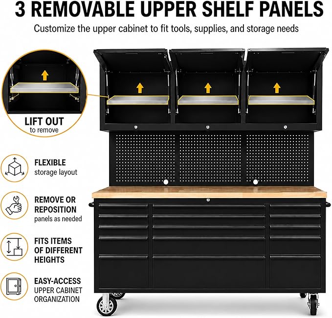 CHETTO C 72 inch Tool Chest Tool Box Mobile 15 Drawers Storage 3 Upper Cabinets SS-Pegboard Rolling Cabinet with Wheels Lock Key Locking System Drawer Liners for Garage Warehouse Repair Shop Black