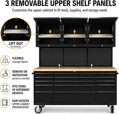 CHETTO C 72 inch Tool Chest Tool Box Mobile 15 Drawers Storage 3 Upper Cabinets SS-Pegboard Rolling Cabinet with Wheels Lock Key Locking System Drawer Liners for Garage Warehouse Repair Shop Black