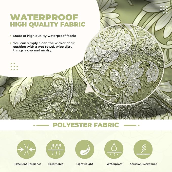 DANGHOOGY Wicker Chair Cushions, Waterproof Outdoor Loveseat Cushions for Patio Furniture, Tufted Wicker Furniture Cushions, 1 Loveseat and 2 U-Shaped Cushions (Green Rose)