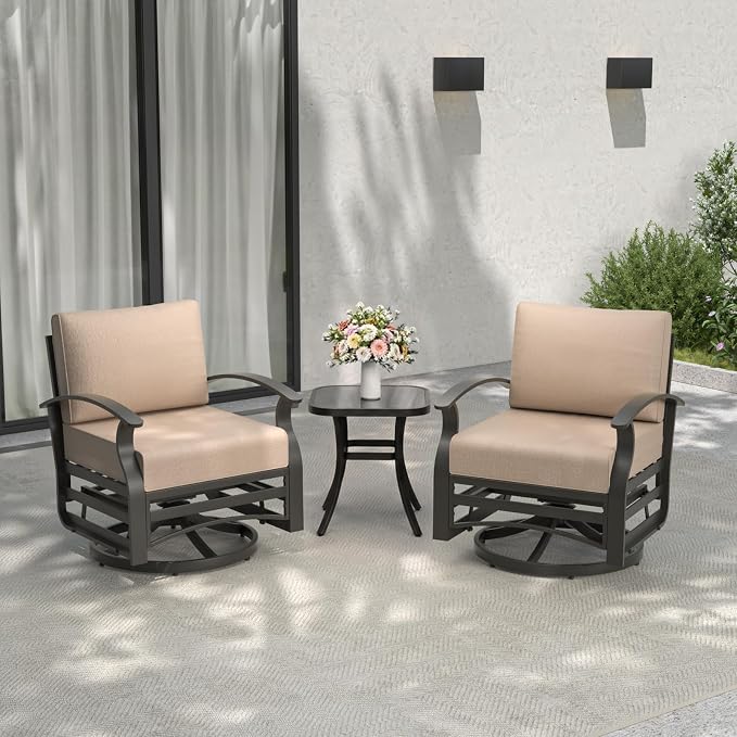 ALAULM 3 Piece Aluminum Outdoor Swivel Armchairs High Back Metal Swivel Rocking Chairs with 5.1" Sponge Cushions &1 Coffee Table for Patio, Porch, Backyards, Garden(Sand)