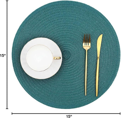 SHACOS Round Placemats Set of 8 Woven Braided Table Placemats 15 inch Circle Place Mats Washable Non Slip Table Mats for Home Wedding Party, Teal Green
