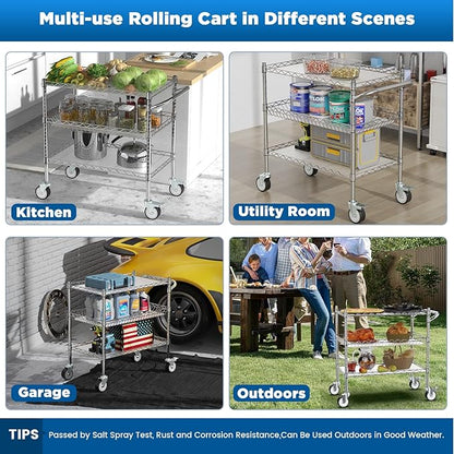 Leteuke 3 Tier Rolling Carts with Wheels, Heavy Duty Rolling Utility Cart | NSF Commercial Grade Metal Cart with Handle&Shelf Liner,Trolley Serving Cart for Kitchen,Restaurant,Plant Display,Chrome