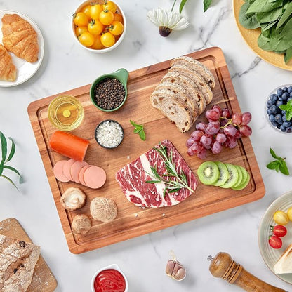 BEZIA 16.5" x 13" Acacia Wood Cutting Board, Durable Kitchen Prep Station | Deep Juice Grooves, Side Handles, Pre-Oiled Surface, Ideal for Daily Meal Prep, Expert Carving, Serving & Kitchen Decor