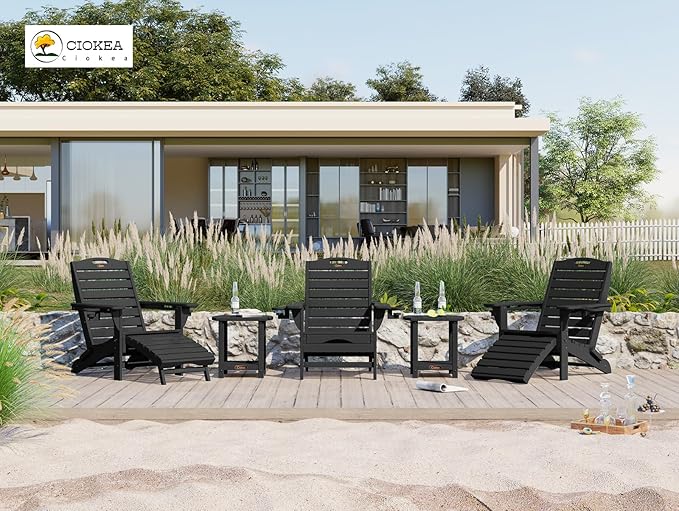 Ciokea Folding Adirondack Chair with Retractable Ottoman Fire Pit Patio Chair with Pull Out Foot Rest Weather Resistant Lawn Outdoor Lounge Chair with 2 Cup Holder (Black)