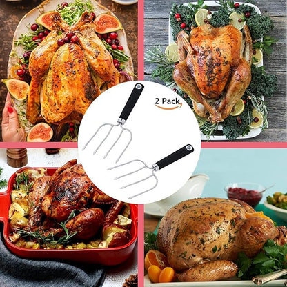 KAYCROWN Turkey Baster and Turkey Roast Lifters with Non-Slip Handle, Silicone Turkey Baster with 2 Marinade Needles & Stainless Steel Turkey Poultry Forks Set, Poultry Lifters