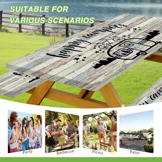 JAWO Picnic Table Cover with Benches, Camping Camper Campfire Rustic Wood Fitted Tablecloth for Outdoor Foldable Picnic Table Includes Drawstring Storage Bag 30X72inch