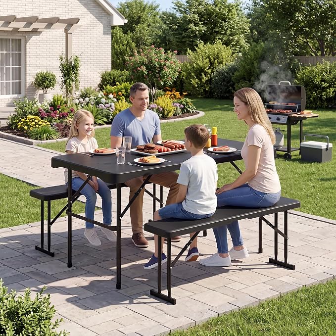 Giantex Folding Picnic Table Bench Set, Rectangular Patio Dining Table Set for 4, with HDPE Tabletop, Metal Frame, Space-Saving and Portable for Camping Party Dining BBQ (Black)