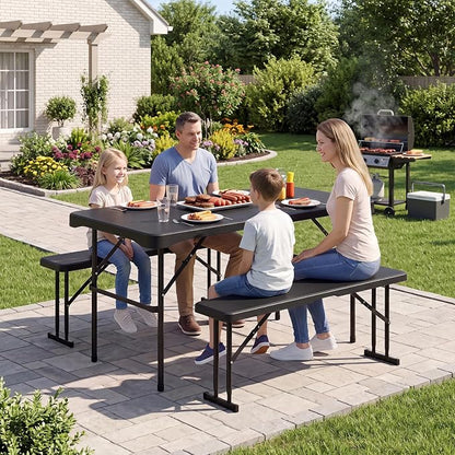 Giantex Folding Picnic Table Bench Set, Rectangular Patio Dining Table Set for 4, with HDPE Tabletop, Metal Frame, Space-Saving and Portable for Camping Party Dining BBQ (Black)