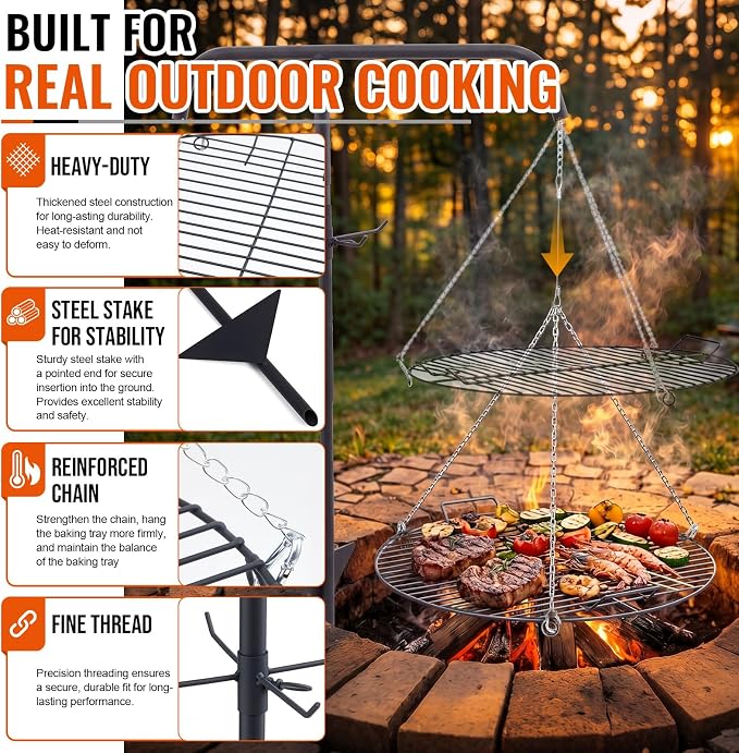 22" Fire Pit Campfire Grill Grate, Hanging Open Fire Cooking Grill Grate Portable Round Camping Cooking Barbecue Rack Heavy-Duty, Easy Setup & Adjustable Height for Outdoor Camping BBQ