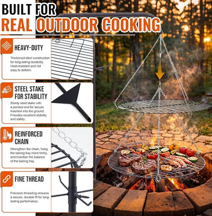 22" Fire Pit Campfire Grill Grate, Hanging Open Fire Cooking Grill Grate Portable Round Camping Cooking Barbecue Rack Heavy-Duty, Easy Setup & Adjustable Height for Outdoor Camping BBQ