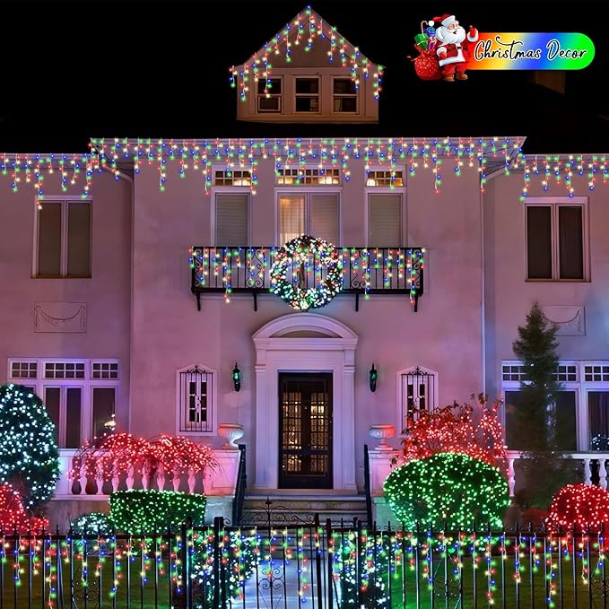 QITONG Multicolor Icicle Lights for Outside, 66ft 800 LED String Lights Indoor, Clear Wire Connectable Icicle Christmas Lights Plug in with 8 Modes