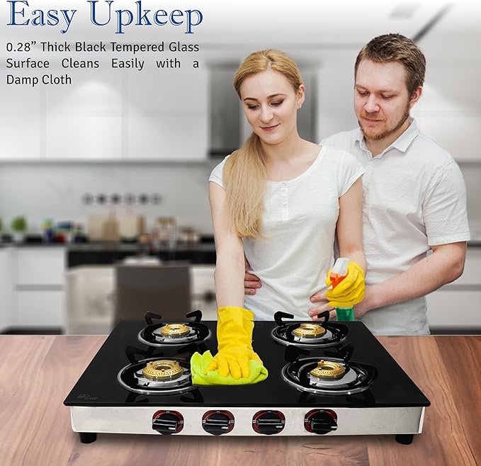 Gas Stove with 4 Burner, Propane Gas Cook Top Tempered Glass RV | Stove, Portable Stainless Gas Stove Burners for Cooking with Hose & Regulator to Connect Propane Tank