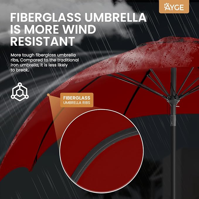Ayge Patio Umbrella 9 FT Outdoor Table Umbrella Fiberglass for poolside red | Fiberglass frame, 8 ribs, tilt & crank. UPF50+ waterproof canopy. Wind-resistant. For outdoor table, patio, backyard.