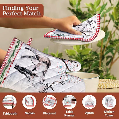 Maison d' Hermine Oven Gloves 100% Cotton Oven Mitt 7" x 13" with Loop Heat Resistant BBQ Cooking Gloves for Thanksgiving Christmas Decorations Baking Handling Hot Pans (Pack of 1, Rural Christmas)
