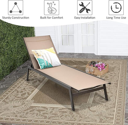 Tangkula Outdoor Chaise Lounge Chair Set of 2, 6-Position Adjustable Reclining Chair with Breathable Fabric and Heavy Duty Steel Frame, Patio Lounge Chair for Garden, Backyard and Poolside (2, Brown)