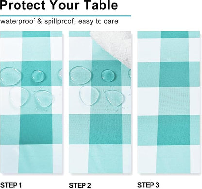 Hiasan Checkered Tablecloth Rectangle, 60 x 140 Inch - Waterproof, Wrinkle Resistant and Washable Gingham Table Cloth for Outdoor Picnic, Kitchen and Holiday Dinner, Aqua and White