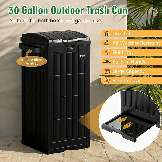 Outdoor Trash Can, 30 Gallon Garbage Can with Tiered Lid and Drip Tray, Waterproof Resin Waste Bin for Patio, Garden, Backyard, Deck, Black