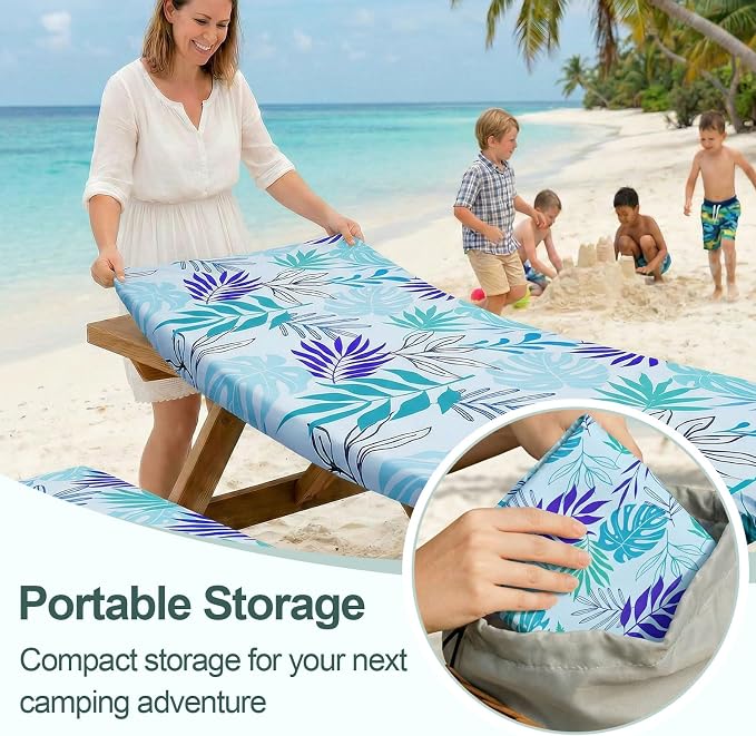 Picnic Table Cover Bench Covers Camping Essentials Tablecloth | Waterproof Vinyl for Outdoor, Windproof Elastic Fitted Edges, RV BBQ Accessories Must Haves, Storage Bag Included