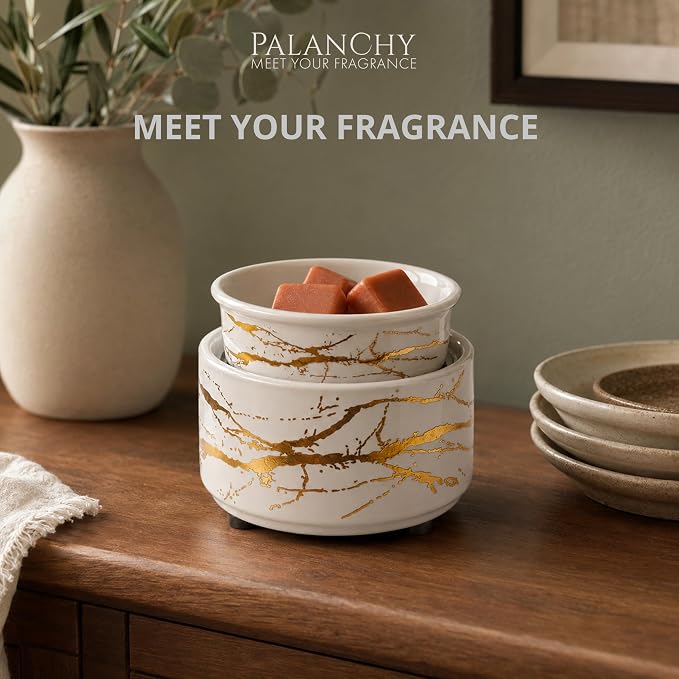PALANCHY Wax Melt Warmer Ceramic 3-in-1 Oil Burner Electric Candle Wax Warmer Burner Melter Fragrance Warmer for Scented Waxs Home Office Bedroom Aromatherapy Gift & Decor | White Gold Wax Melter Aromatherapy Gift & Decor Home Office Bedroom. Ceramic C...
