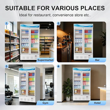 30 Cu.ft White Commercial Display Refrigerator,Glass Door Cooler Beverage Refrigerators with LED Light and 10 Shelves